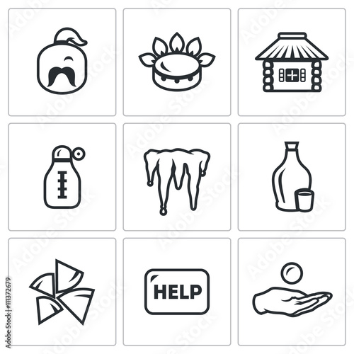 Vector Set of Ukraine issues Icons. Cossack, Gas, House, Temperature, Winter, Alcohol, Fuel, Help, Loan.