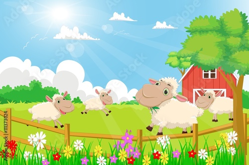  cartoon sheep with a farm scenery