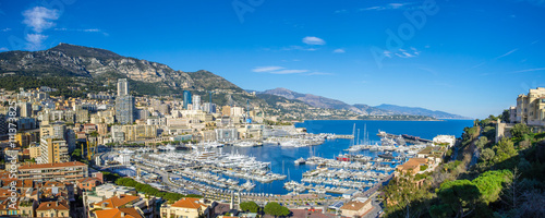 Panoramic view on the hills and harbor of Monaco