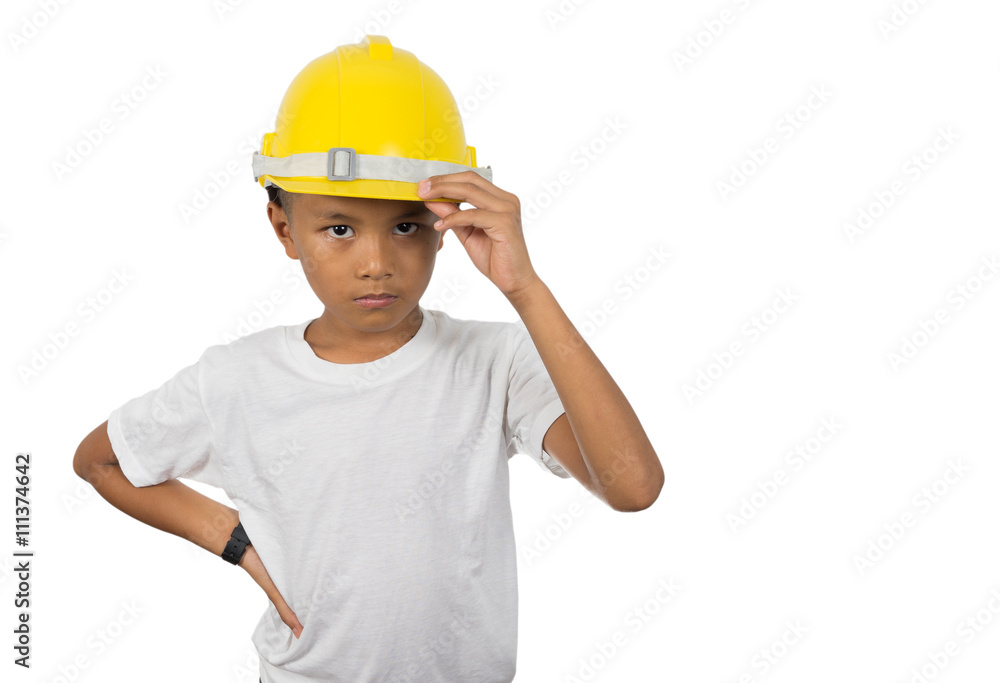 Young Asian boy in construction hat Young Asian boy in construction hat