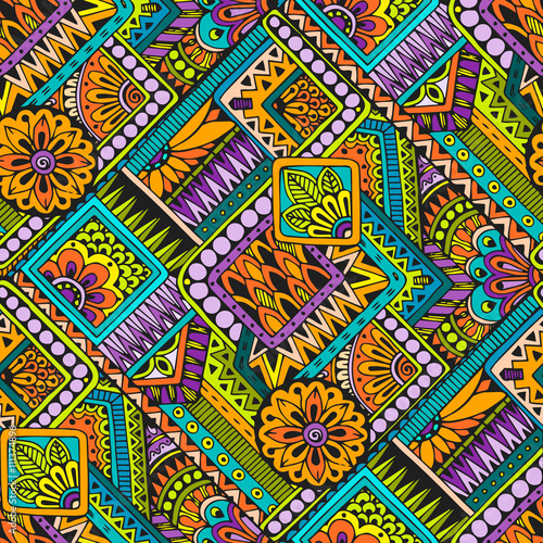 Seamless asian ethnic floral retro doodle background pattern in vector. Henna paisley mehndi doodles design tribal pattern.