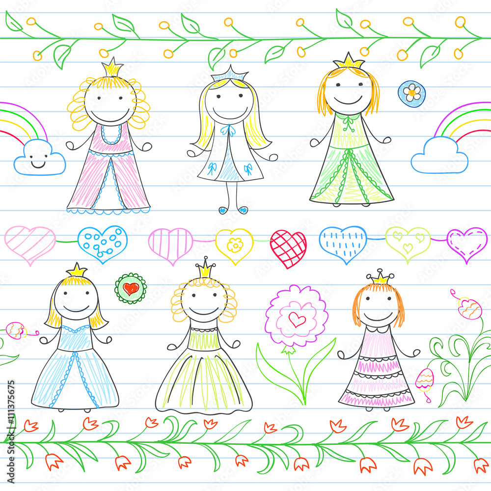 Seamless background with borders in doodle style and happy littl