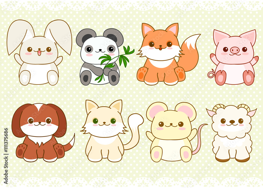 Obraz premium Set of cute baby animals in kawaii style