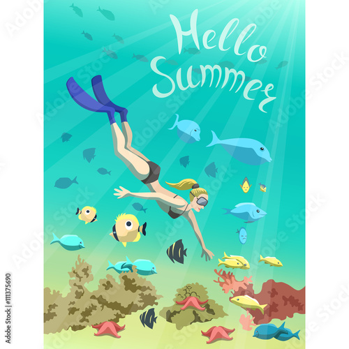 Underwater illustration of a young lady snorkeling with sea animals.  Hello  summer  illustration.