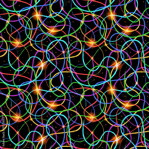 Colorful chaotic lines in the dark, seamless pattern