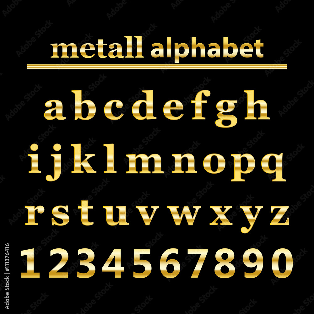 Gold metall alphabet and gold numbers on black background