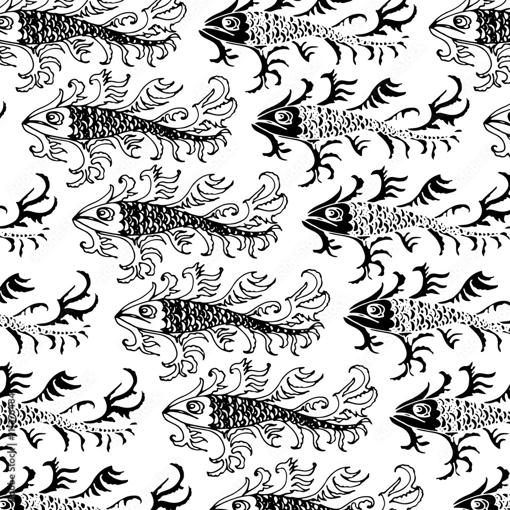 pattern of hand drawn fish with decorative graphic elements Vector Illustration
