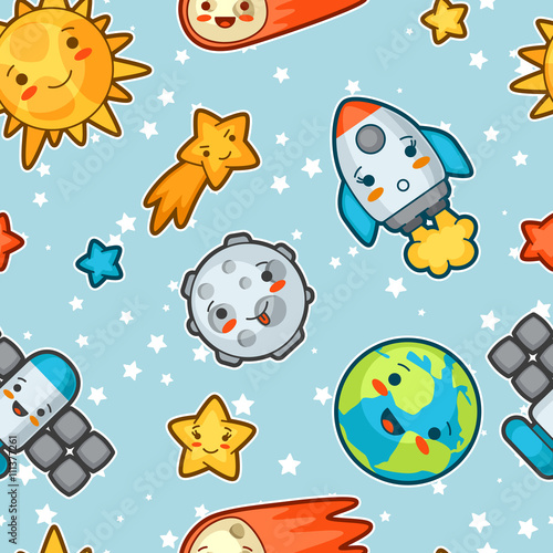 Kawaii space seamless pattern. Doodles with pretty facial expression. Illustration of cartoon sun, earth, moon, rocket and celestial bodies