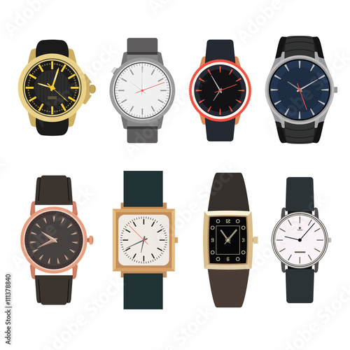 Set of watches in classic design. Vector illustration. Man gold accessory isolated on white background