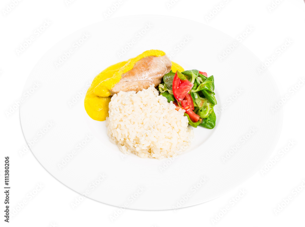 Roasted chicken fillet with saffron mousse. Roasted chicken fillet with saffron mousse.