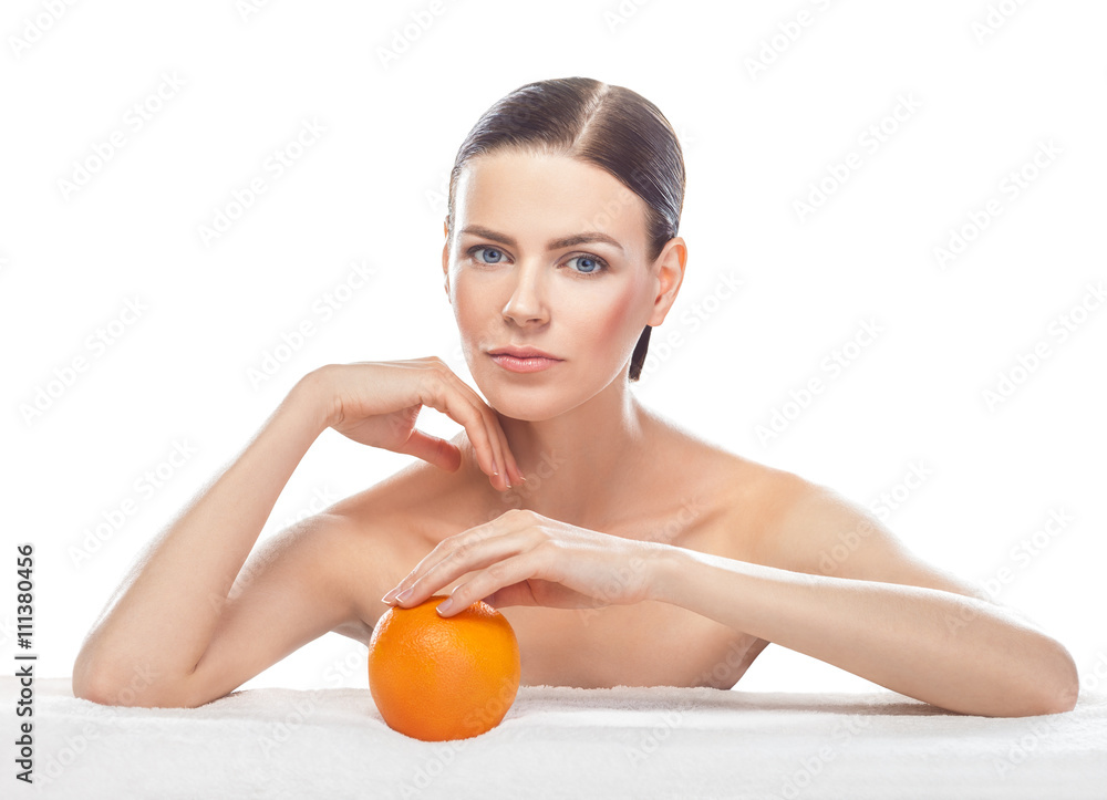 beautiful young woman with orange isolated on white background beautiful young woman with orange isolated on white background