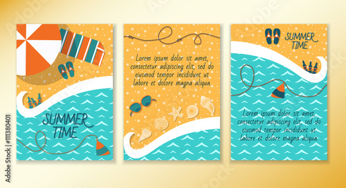 Set of summer leaflets top view of the coast and beach items. Ready to Print. Front page and back page.