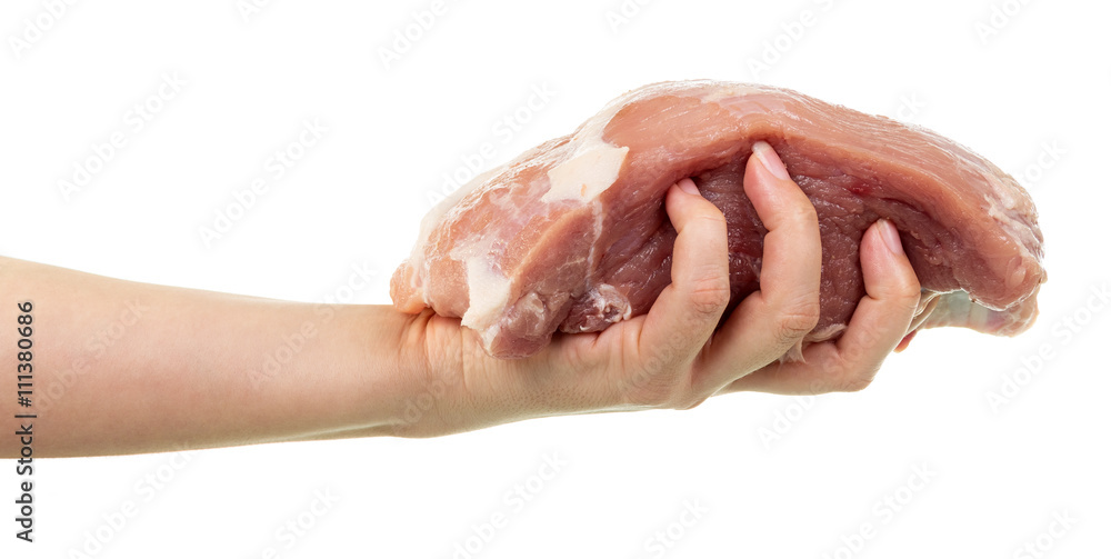 Raw piece pork in female hand isolated on white background. Raw piece pork in female hand isolated on white background.