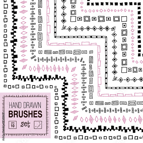 Vector hand drawn boho ornamental brushes set.