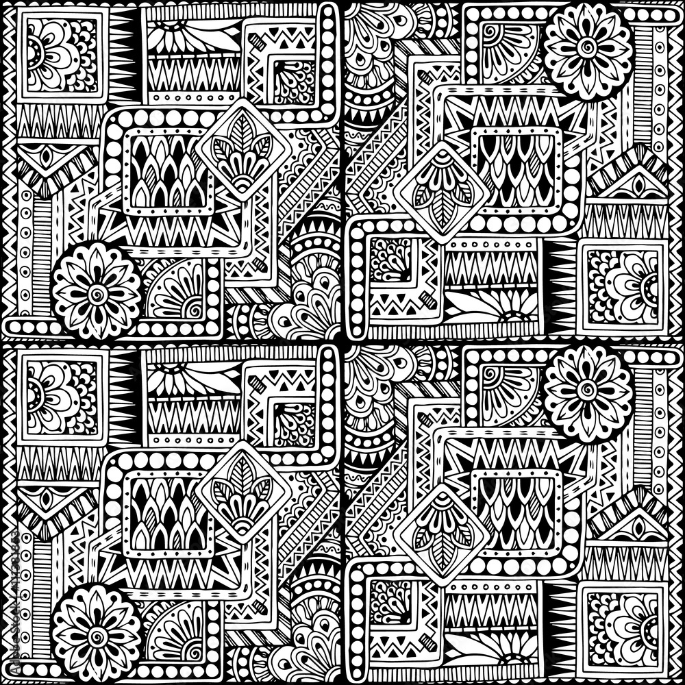 Seamless asian ethnic floral retro doodle black and white background ...