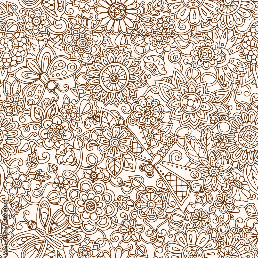 Seamless pattern with flowers. Ornate zentangle texture, endless pattern with abstract flowers. Seamless pattern can be used for wallpaper, pattern fills, web page background, surface textures.