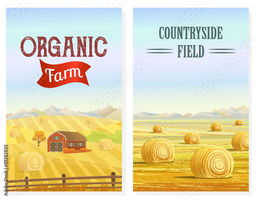 Countryside. Rural area. Fields with haystacks. Country Landscape. Meadow background. Hay bales. Farming life. Vector illustration in cartoon style.