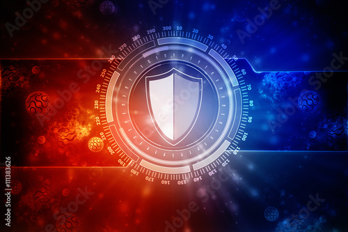 Protection concept: pixelated Shield icon on digital background