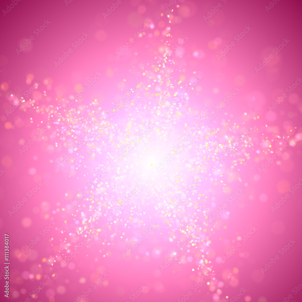 twinkling glitter in shades of pink, white and yellow with bokeh effect forming a star in front of a background in vibrant shades of purple and pink with a bright highlight (3D illustration)