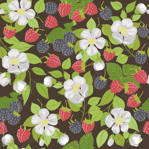 Seamless pattern with berries raspberries, blackberries, and white flowers.