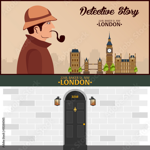 Sherlock Holmes. Detective illustration. Illustration with Sherlock Holmes. Baker street 221B. London. Big Ban