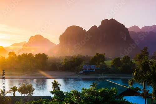 Sunset at Song river, Vang Vieng, Laos photo