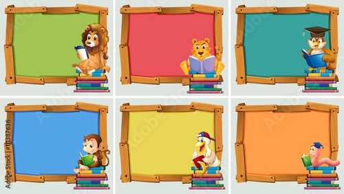 Wooden frames with animals reading books