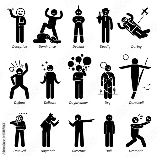 Neutral Personalities Character Traits. Stick Figures Man Icons. Starting with the Alphabet D.