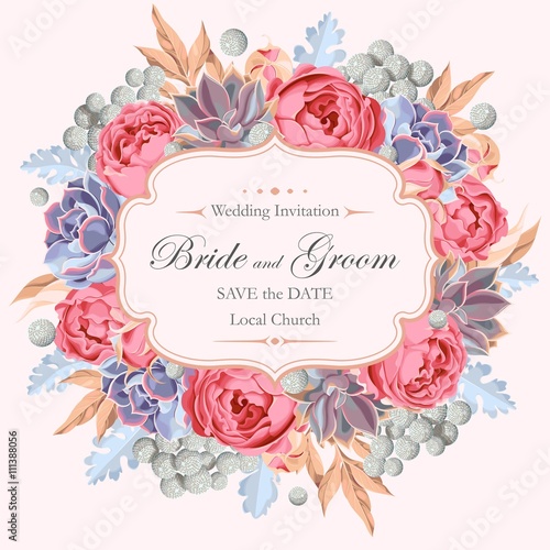 Wedding invitation with peony roses and succulents © olga_igorevna