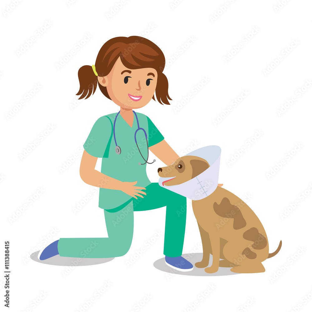 Girl holding dog. Vet girl, pet doctor. Cute cartoon girl Stock Vector