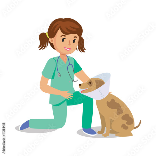 Girl holding dog. Vet girl,  pet doctor. Cute cartoon girl