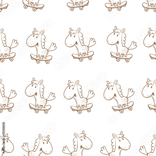 Seamless pattern with cute cartoon horses on skateboard on white background. Children's illustration. Funny animals. Vector contour image.