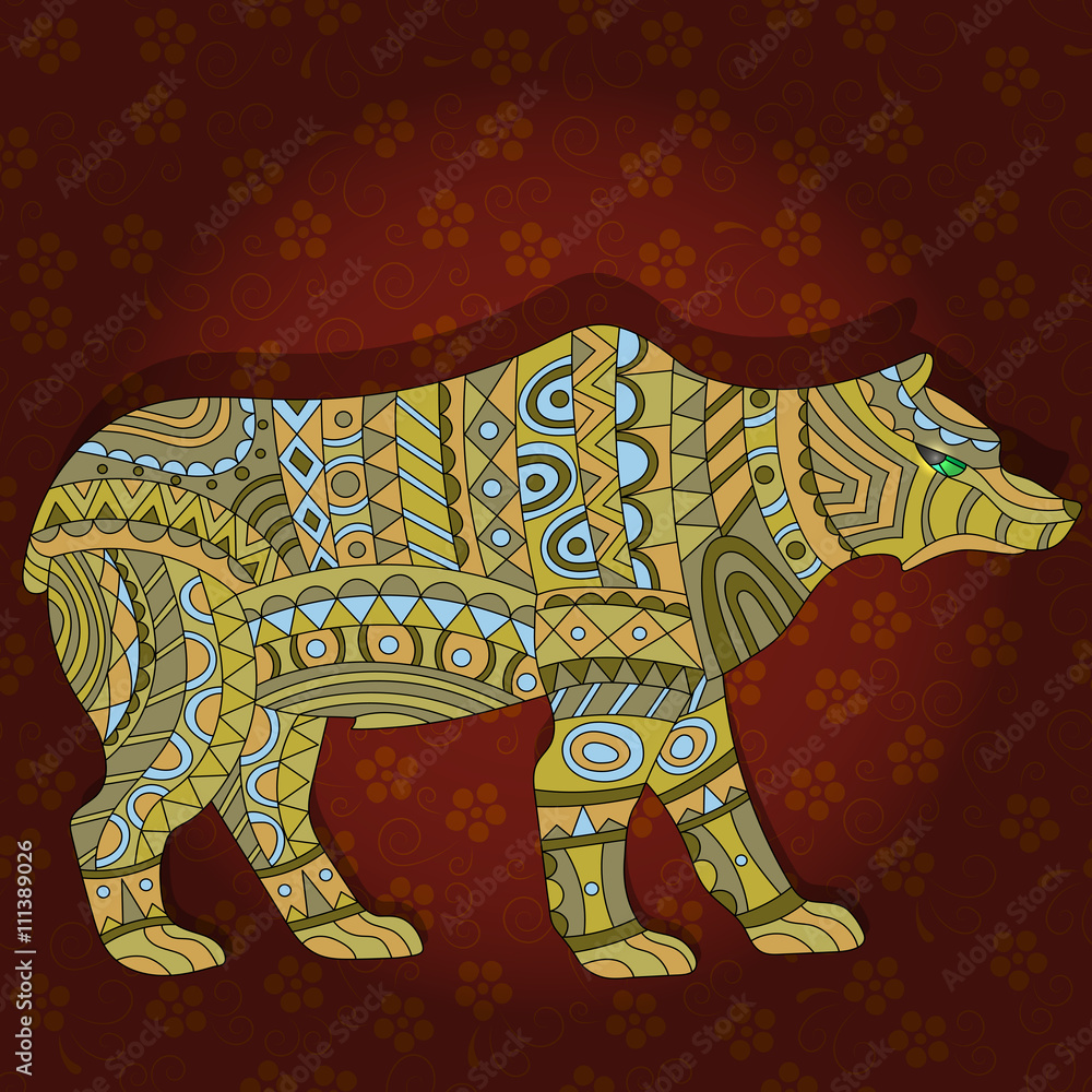 Obraz premium Illustration with abstract bear on a dark floral background