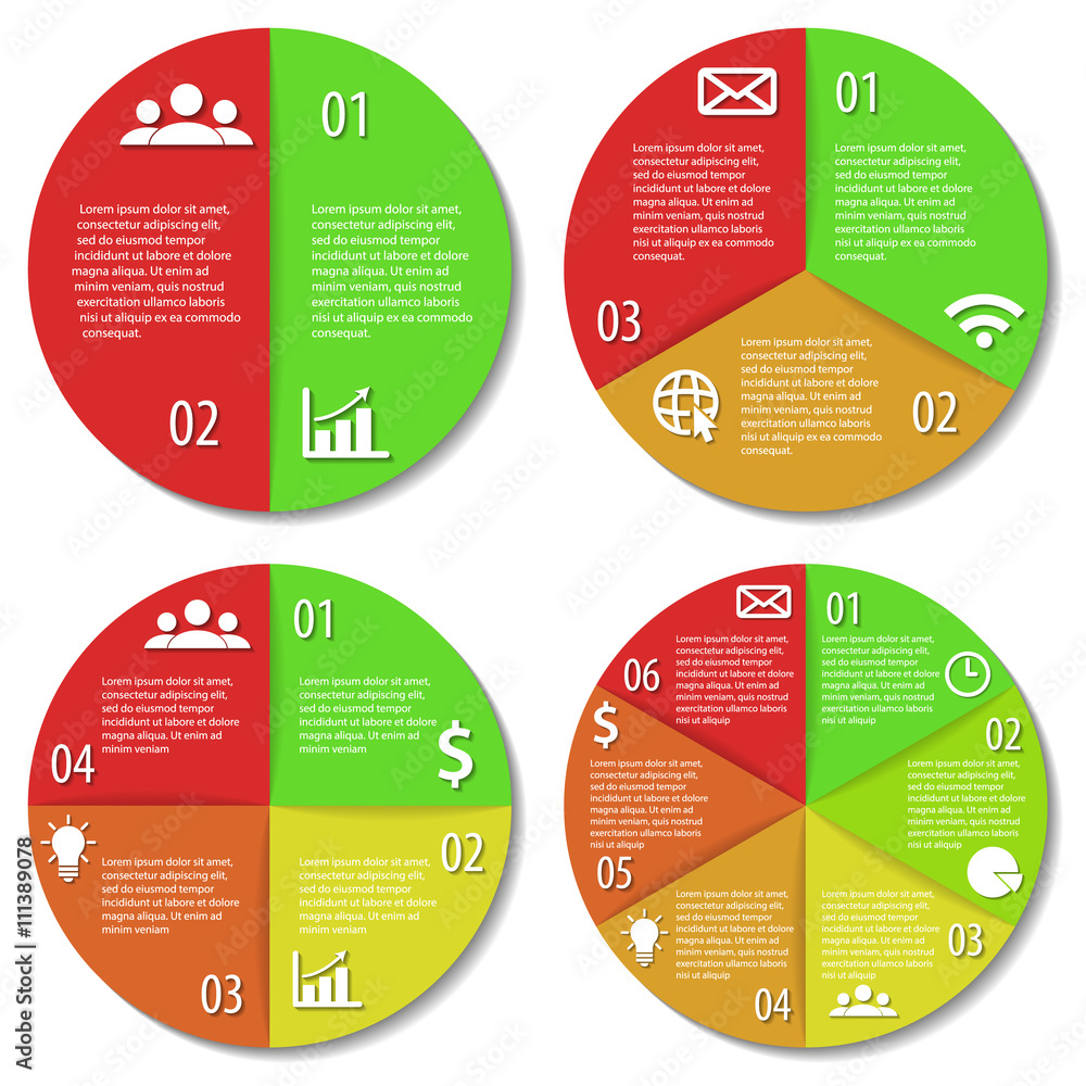 Set of round infographic diagram. Circles of 2, 3, 4, 6 elements. Vector EPS10 Set of round infographic diagram. Circles of 2, 3, 4, 6 elements. Vector EPS10