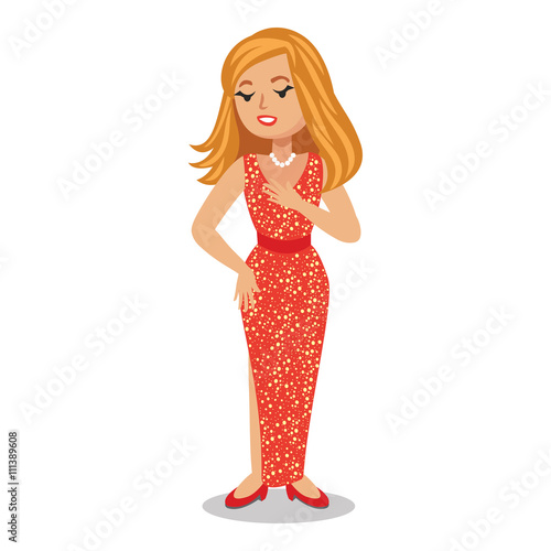 Celebrity woman on elegant red dress. Cute cartoon actress