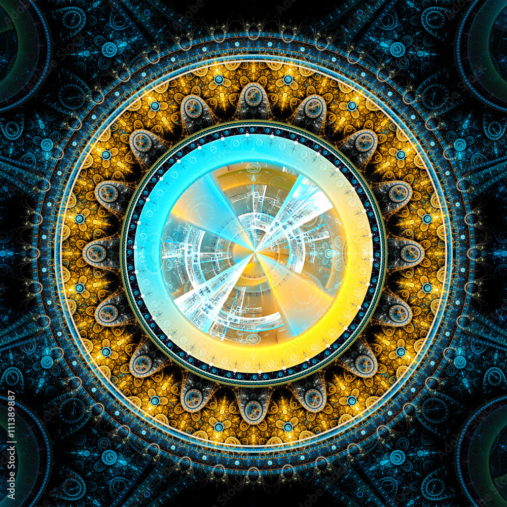 Time Machine. Mechanism and gear galactic hours. Infinity. Eternity. Mysterious psychedelic relaxation wallpaper. Sacred geometry. Fractal abstract pattern. Digital artwork creative graphic design.