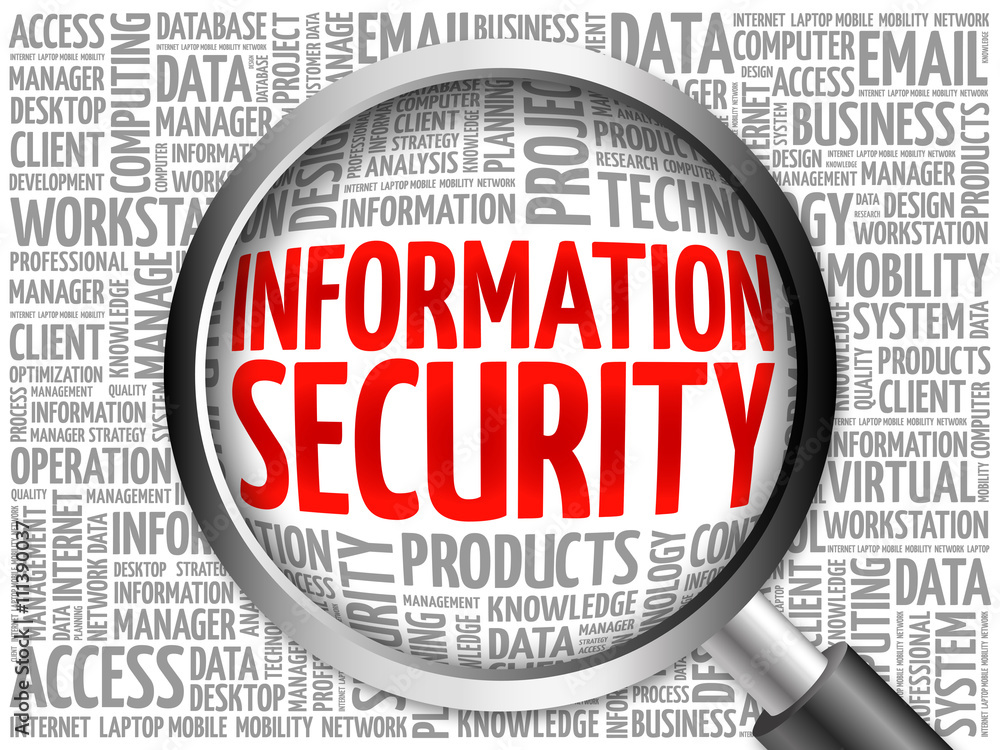 Information Security word cloud with magnifying glass, business concept Information Security word cloud with magnifying glass, business concept