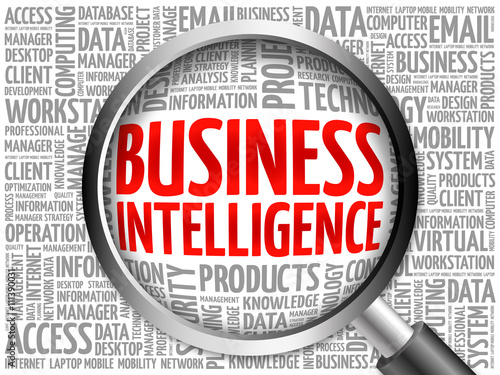 Business intelligence word cloud with magnifying glass, business concept