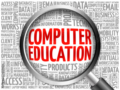 Computer Education word cloud with magnifying glass, business concept