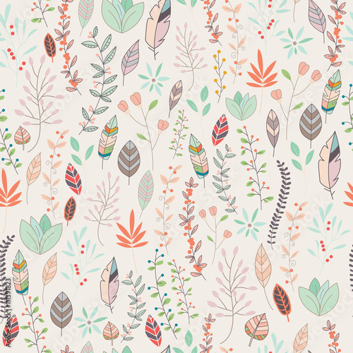 Seamless pattern design with hand drawn flowers, floral elements