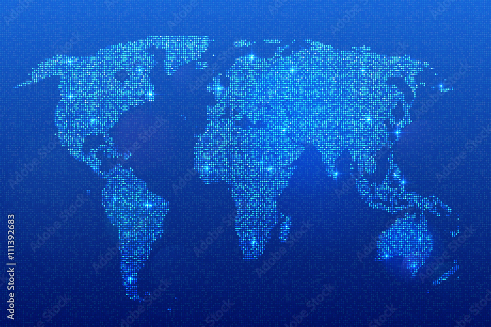 World map of glittering sequins on blue background