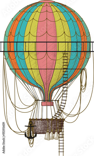 Vintage hot air balloon with ladder isolated on white