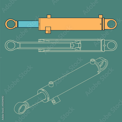 Hydraulic actuator. Front view, incision and axonometry.