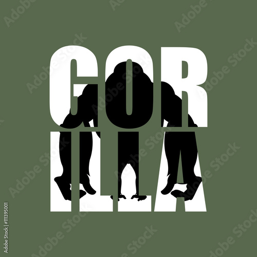 Gorilla. Silhouette of wild animal in text. Big monkey and Typog