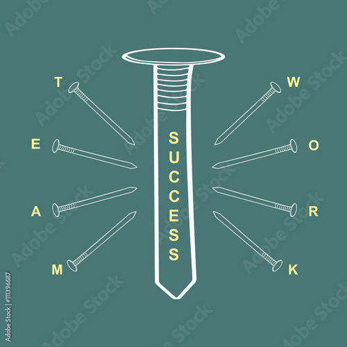 Group of small nails with team work words and large nail with success word. Teamwork, leadership, independence, initiative, uniqueness, business, teamwork, concept. Vector image. 