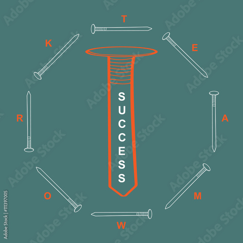 Group of small nails with teamwork word and large nail with success word. Teamwork, leadership, independence, initiative, uniqueness, business, teamwork, concept. Vector image. 