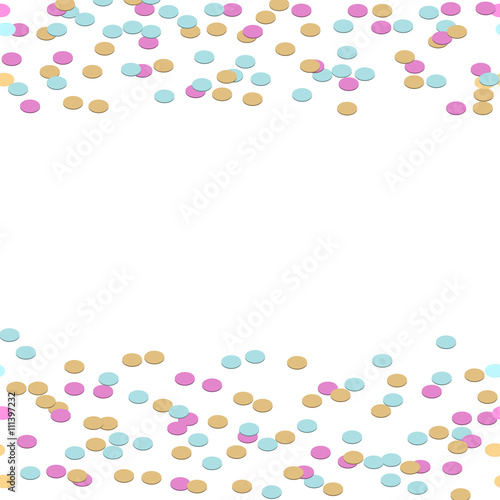Confetti tinsel border vector background. Colorful circles frame seamless sides border for card templates and invitations.