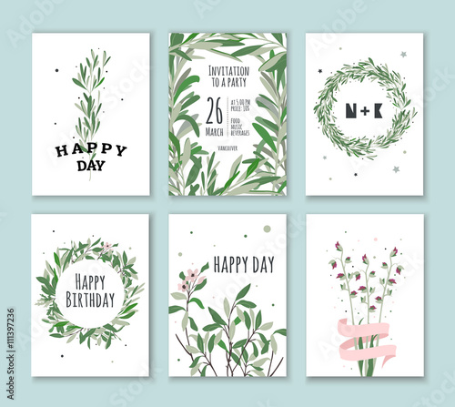 Set invitation with green plants. Cards for birthdays, holidays, parties. Wedding Invitations.