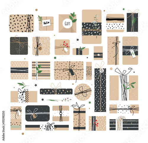 Big set of different boxes of Kraft. Illustrations courtesy of packages for the holiday. You can use postcards, banners, backgrounds.
