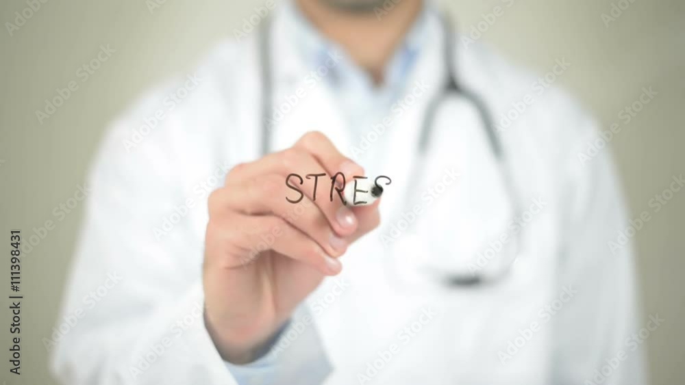 Stress, Doctor writing on transparent screen Stress, Doctor writing on transparent screen